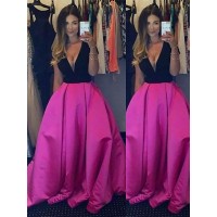 Ball Gown Sleeveless V-neck Ruffles Floor-Length Satin Dresses
