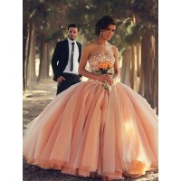 Ball Gown Sleeveless Strapless Beading Floor-Length Tulle Dresses