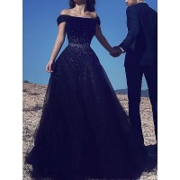Ball Gown Sleeveless Off-the-Shoulder Beading Sweep/Brush Train Tulle Dresses