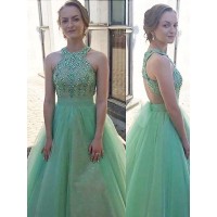 Ball Gown Sleeveless Halter Beading Floor-Length Tulle Dresses