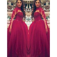 Ball Gown Long Sleeves High Neck Applique Floor-Length Tulle Dresses