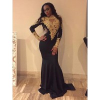 Trumpet/Mermaid Long Sleeves Bateau Satin Applique Sweep/Brush Train Dresses