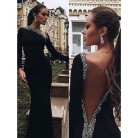 Trumpet/Mermaid Long Sleeves One-Shoulder Spandex Beading Sweep/Brush Train Dresses