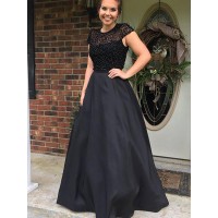 A-Line/Princess Jewel Sleeveless Floor-Length Beading Satin Dresses
