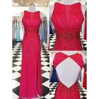 Sheath/Column Bateau Sleeveless Beading Floor-Length Chiffon Dresses