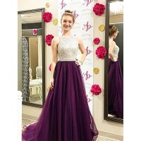 A-Line/Princess Bateau Sleeveless Sweep/Brush Train Beading Tulle Dresses