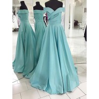 A-Line/Princess Off-the-Shoulder Sleeveless Sweep/Brush Train Ruched Satin Dresses