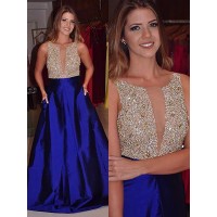 A-Line/Princess Bateau Sleeveless Sweep/Brush Train Beading Satin Dresses