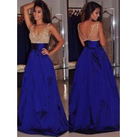 A-Line/Princess V-neck Sleeveless Sweep/Brush Train Beading Satin Dresses