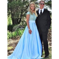 A-Line/Princess Bateau Short Sleeves Sweep/Brush Train Beading Satin Dresses