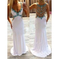 A-Line/Princess V-Neck Sleeveless Sweep/Brush Train Beading Satin Dresses