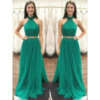 A-Line/Princess Halter Sleeveless Floor-Length Beading Tulle Two Piece Dresses