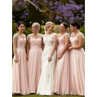 A-Line/Princess Short Sleeves Square Beading Chiffon Floor-Length Bridesmaid Dresses