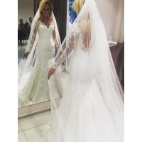 Sheath/Column V-neck Long Sleeves Sweep/Brush Train Lace Wedding Dresses