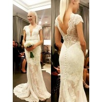 Sheath/Column V-neck Lace Short Sleeves Sweep/Brush Train Wedding Dresses