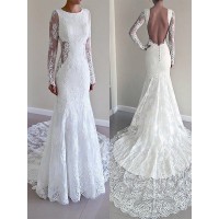 Trumpet/Mermaid Scoop Long Sleeves Court Train Lace Wedding Dresses
