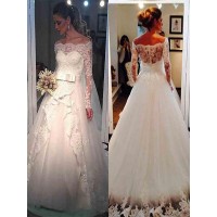 Ball Gown Tulle Long Sleeves Off-the-Shoulder Sweep/Brush Train Wedding Dresses
