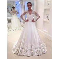 A-Line/Princess V-neck Satin Long Sleeves Sweep/Brush Train Wedding Dresses