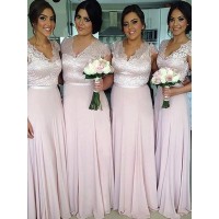 A-Line/Princess V-neck Short Sleeves Floor-Length Chiffon Bridesmaid Dresses