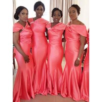 Trumpet/Mermaid Off-the-Shoulder Floor-Length Sleeveless Satin Bridesmaid Dresses