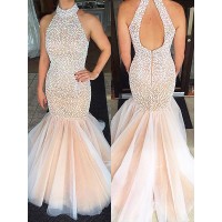 Trumpet/Mermaid Halter Sleeveless Beading Tulle Sweep/Brush Train Dresses