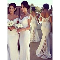 Trumpet/Mermaid Sleeveless Off-the-Shoulder Lace Satin Sweep/Brush Train Dresses
