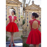 A-Line/Princess Short Sleeves Scoop Lace Short/Mini Tulle Dresses