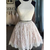 A-Line/Princess Sleeveless Halter Pearls Short/Mini Lace Two Piece Dresses