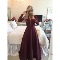 A-Line/Princess Scoop Long Sleeves Sequin Floor-Length Satin Dresses