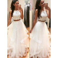A-Line/Princess Sleeveless Halter Floor-Length Beading Tulle Dresses
