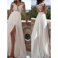 A-Line/Princess Short Sleeves Scoop Sweep/Brush Train Applique Chiffon Dresses