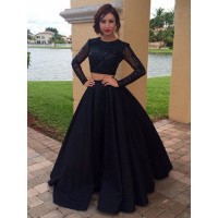 Ball Gown Long Sleeves Scoop Floor-Length Satin Beading Dresses