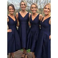 A-Line/Princess V-neck Sleeveless Tea-Length Satin Bridesmaid Dresses