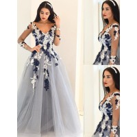 A-Line/Princess V-Neck Long Sleeves Applique Tulle Floor-Length Dresses