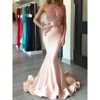Trumpet/Mermaid Halter Satin Sleeveless Applique Sweep/Brush Train Dresses