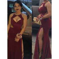 Sheath/Column Halter Sleeveless Jersey Floor-Length Dresses