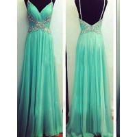 A-Line/Princess Spaghetti Straps Sleeveless Beading Floor-Length Chiffon Dresses