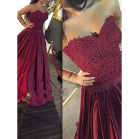A-Line/Princess Sweetheart Sleeveless Lace Satin Floor-Length Dresses