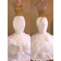 Trumpet/Mermaid Spaghetti Straps Sleeveless Applique Organza Floor-Length Dresses