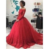 Ball Gown Off-the-Shoulder Long Sleeves Lace Tulle Court Train Dresses