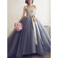 Ball Gown Sweetheart Sleeveless Applique Tulle Sweep/Brush Train Dresses