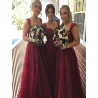 A-Line/Princess Sleeveless Straps Applique Floor-Length Tulle Bridesmaid Dresses