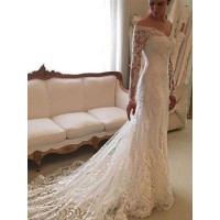 Sheath/Column Long Sleeves Lace Off-the-Shoulder Court Train Wedding Dresses