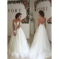 A-Line/Princess Organza Off-the-Shoulder Sweep/Brush Train Long Sleeves Wedding Dresses