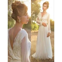 A-Line/Princess V-neck Long Sleeves Lace Chiffon Sweep/Brush Train Wedding Dresses