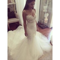 Trumpet/Mermaid Spaghetti Straps Sleeveless Chapel Train Tulle Wedding Dresses