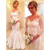 Trumpet/Mermaid 3/4 Sleeves Satin Off-the-Shoulder Lace Court Train Wedding Dresses