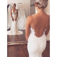 Trumpet/Mermaid Satin Applique Scoop Sleeveless Court Train Wedding Dresses