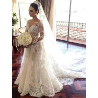 A-Line/Princess Bateau Long Sleeves Lace Chapel Train Tulle Wedding Dresses