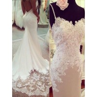 Trumpet/Mermaid Applique Satin Spaghetti Straps Sleeveless Court Train Wedding Dresses